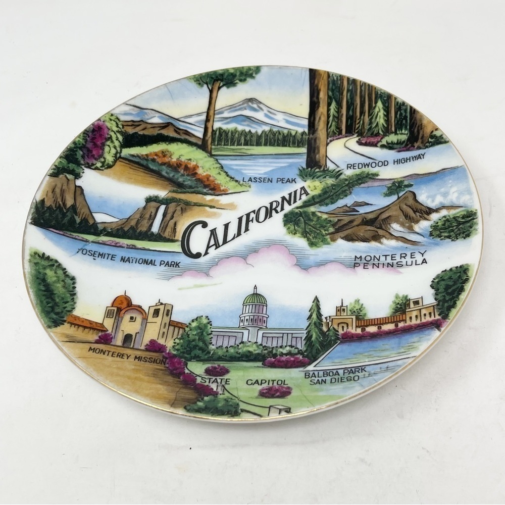 Vintage 1973 CALIFORNIA Souvenir Plate Yosemite Monterey San Diego Lassen 8”